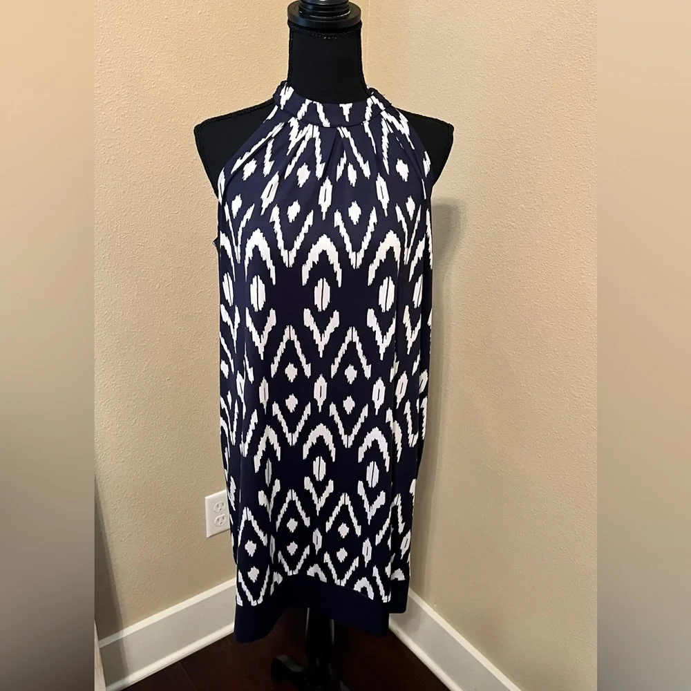 Mud Pie Blue White Halter Dress Bow Tie Back Sheath Mini Dress Size M